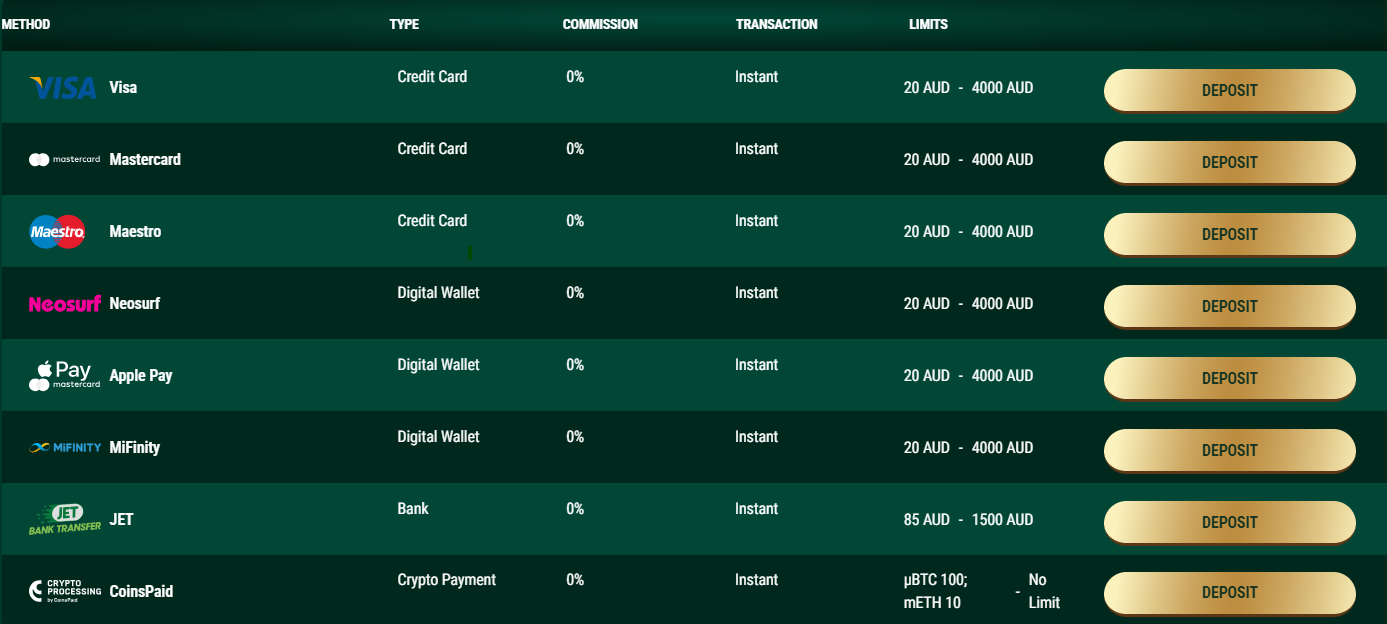 Payment Methods at Richard Casino
