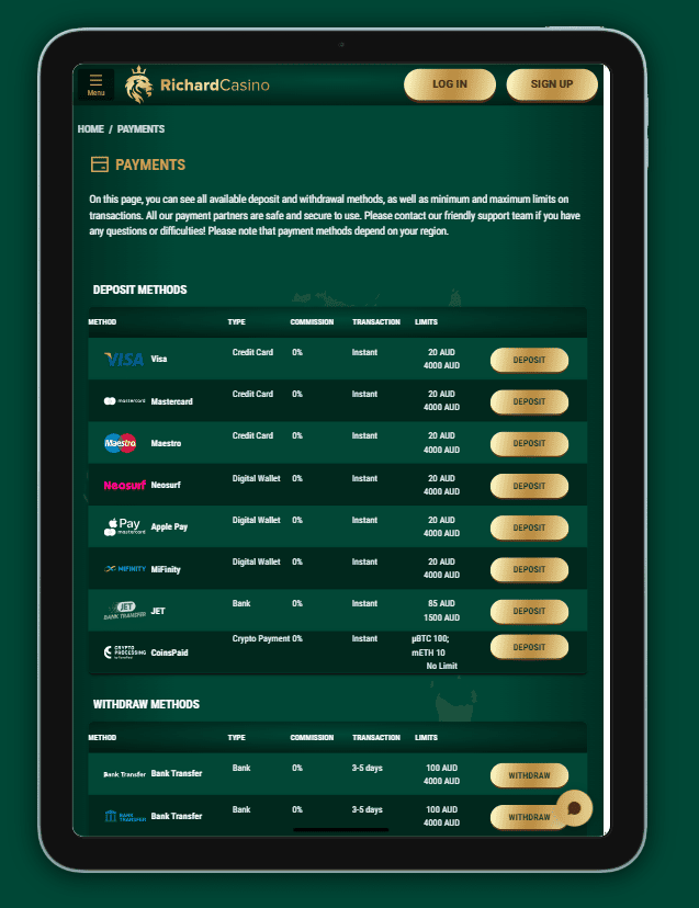 Richard Casino App Deposit Methods